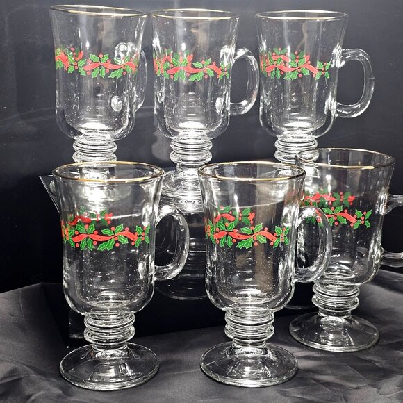 6 Libbey Holly Ribbons Irish Coffee Glasses 5.5" Christmas latte hot cocoa vtg - Picture 10 of 10